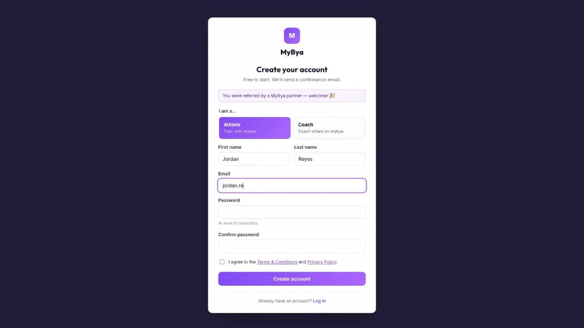 MyBya sign-up screen showing account type selection and account details form.